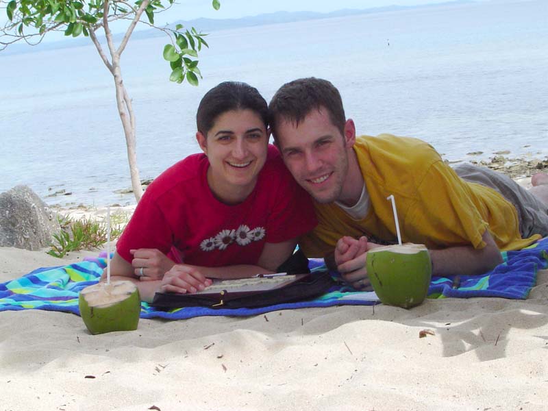 scrabble on the beach with coconuts given us by vili